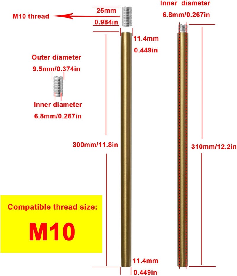 Haligate Brushed Brass M10 Threaded Extension Rod for Pendant Light, Island Lighting, Chandeliers,Lighting Fixture downrods & Stems,12 Inches 11.4mm OD (0.449″) x 300mm L (11.81″) - Image 2